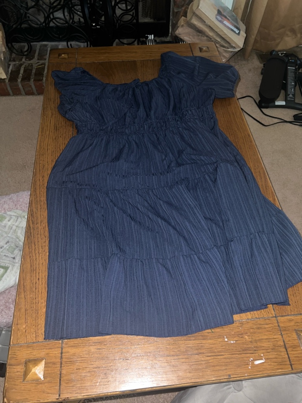 Navy Short-Sleeve Tiered Midi Dress